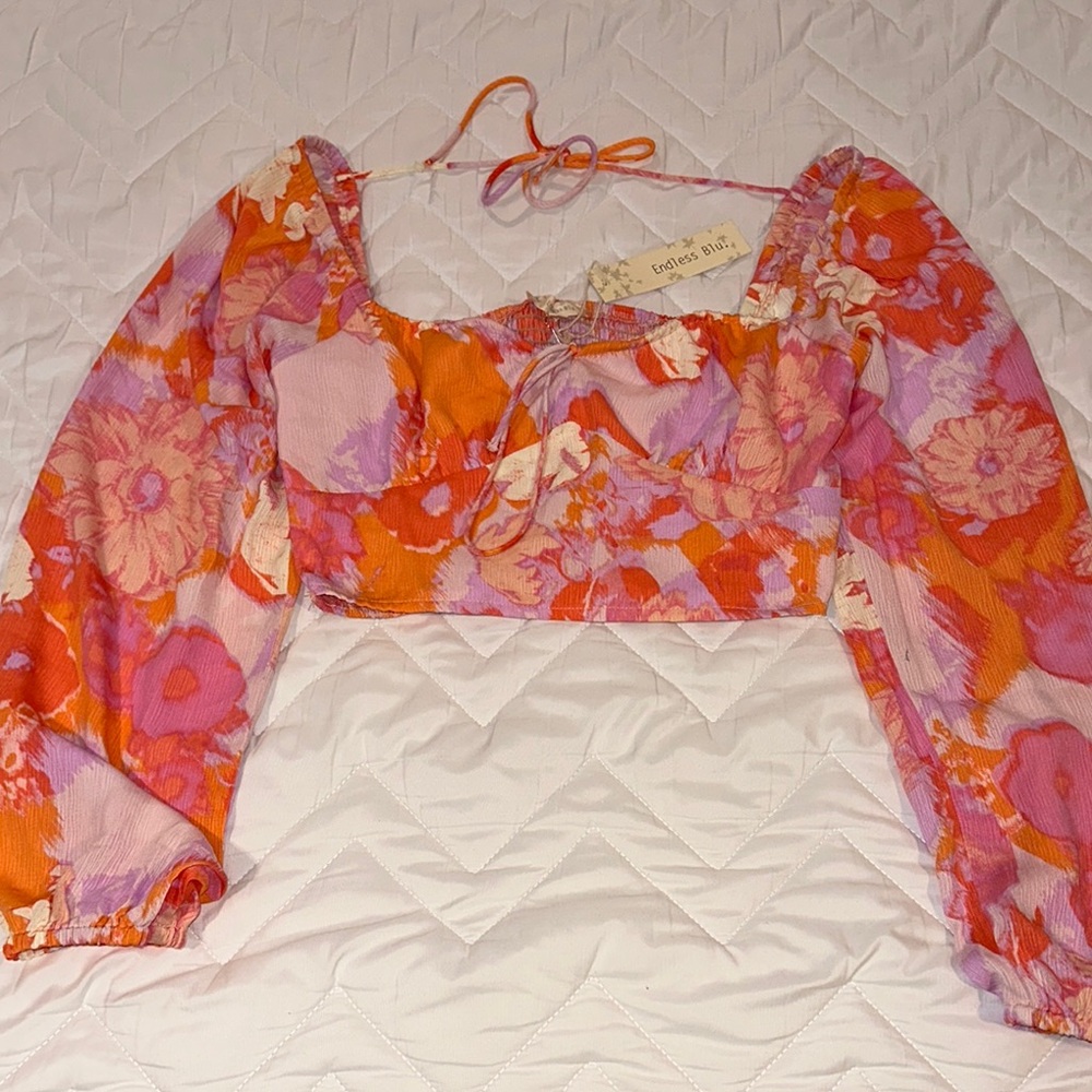 Pink and Orange Puff Sleeve Crop Top
